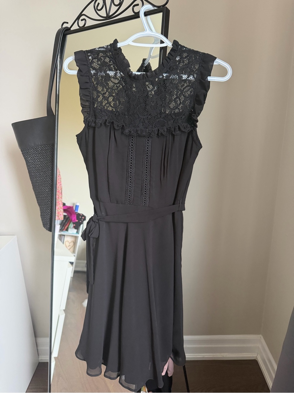 Sleeveless Black Lace Yoke Prom Dress with Self-Tie Waist